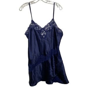 Vintage Victoria’s Secret Blue Lace Slip Dress L Lingerie Negligee gold label